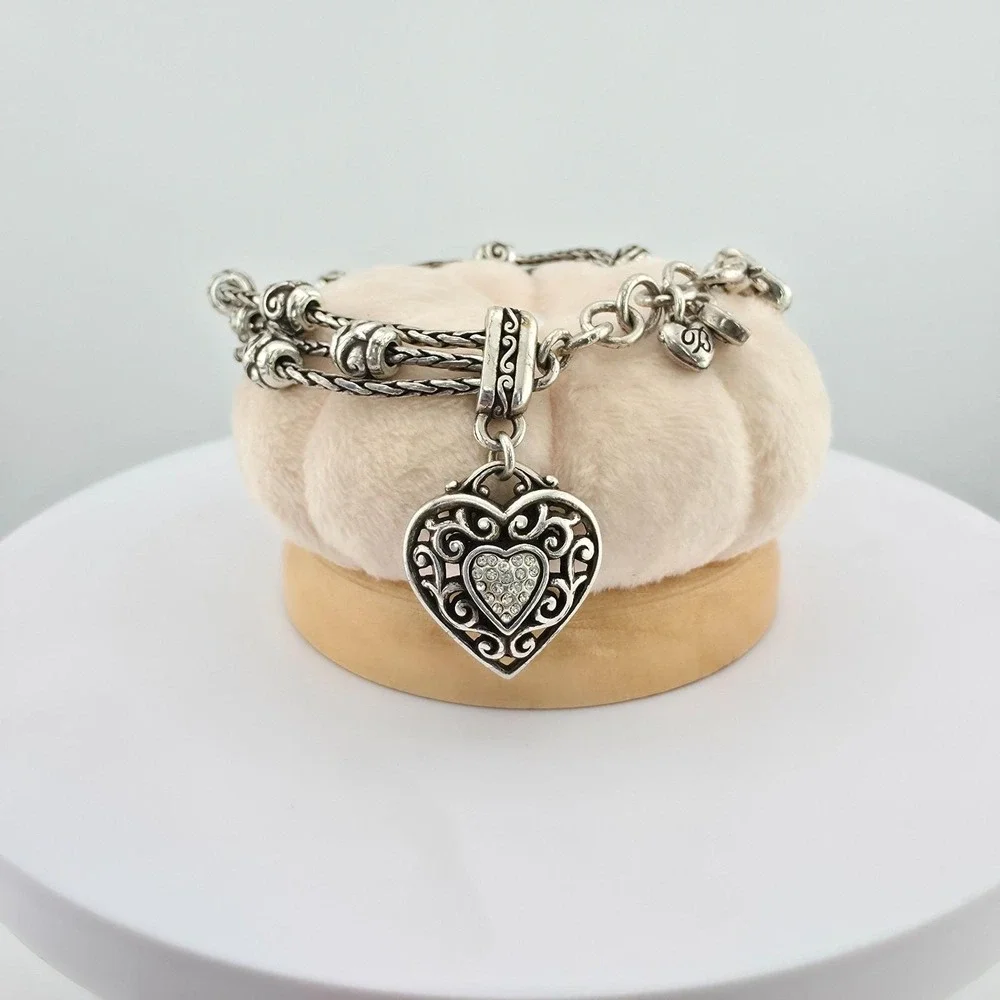 BRIGHTON 'Reno Heart' Charm Bracelet Pavé Crystals Scrollwork Silver Plate 7.5
